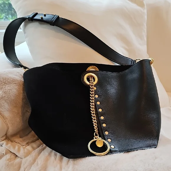 See By Chloe Gaia Black Leather And Suede Shoulder Bag with Gold Accents - Picture 1 of 5